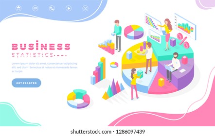 Business statistics workers data information vector. People working with visualization of info, schemes and diagrams, woman and man with charts. Website or webpage template, landing page in flat style