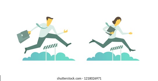 Business steeplechase man woman jumps overcoming the barrier running obstacles