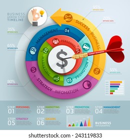 Business step arrow with dart infographics template. Vector illustration. Can be used for workflow layout, banner, diagram, number options, step up options, web design, timeline.