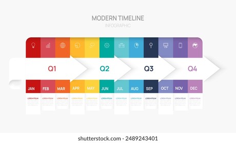 Plantilla infográfica de línea de tiempo de flecha de paso de negocio. Calendario de hitos modernos y temas de 4 trimestres, infografías de Vectores.