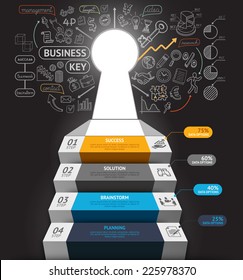 Business step conceptual infographics. Business stair with key hole and doodles icons. Can be used for workflow layout, banner, diagram, web design, infographic template.