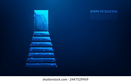 business step to door success low poly wireframe on blue background. stair to goal. strategy working target. vector illustration fantastic design.