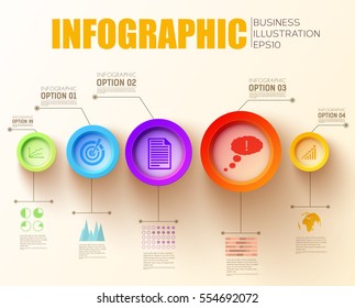Business step infographic concept with text five colorful circles and icons on light background vector illustration