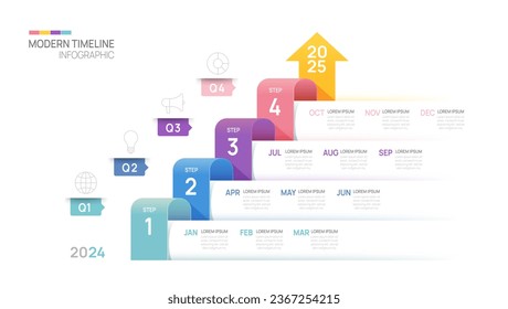 Plantilla de flecha de infografía de la línea de tiempo de los pasos de negocio. Calendario moderno de diagrama de línea de tiempo de elementos de hitos y 4 temas de trimestre, infografía vectorial.