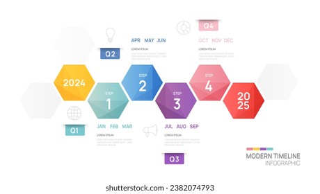 Business step timeline infographic arrow template. Modern milestone element timeline diagram calendar and 4 quarter topics, vector infographics.