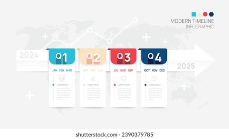 Business step timeline infographic arrow template. Modern milestone element timeline diagram calendar and 4 quarter topics, vector infographics.