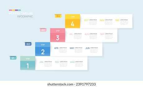 Plantilla de flecha de infografía de la línea de tiempo de los pasos de negocio. Calendario moderno de diagrama de línea de tiempo de elementos de hitos y 4 temas de trimestre, infografía vectorial.