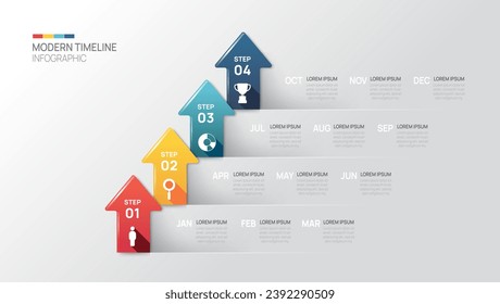 Plantilla de flecha de infografía de la línea de tiempo de los pasos de negocio. Calendario moderno de diagrama de línea de tiempo de elementos de hitos y 4 trimestre, infografías vectoriales.