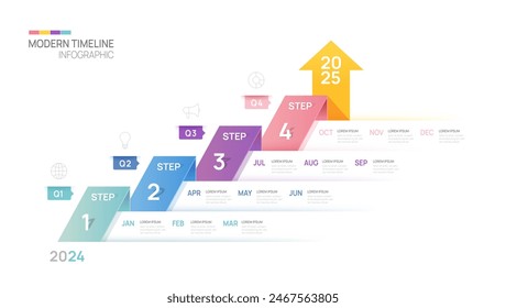 Business step timeline infographic arrow template. Modern milestone element timeline diagram calendar and 4 quarter topics, vector infographics.