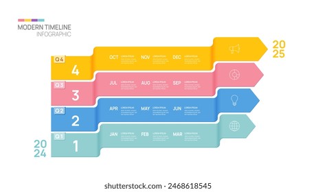 Plantilla de flecha infográfica de línea de tiempo de paso de negocio. Calendario de elementos de hitos modernos y temas de 4 trimestres, infografías de Vectores.