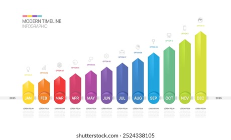 Plantilla de flecha de infografía de línea de tiempo de paso de negocio. Calendario de diagrama de línea de tiempo de elementos de hito 2025, infografías de Vector.