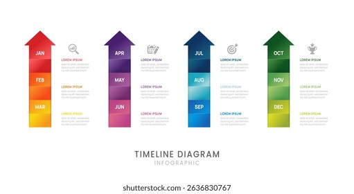 Business step timeline infographic arrow template. Modern milestone element roadmap diagram calendar and 4 quarter topics, vector infographics.