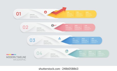 Plantilla de Anuncio infográfico de línea de tiempo de pasos de negocio. Calendario de elementos de hitos modernos y temas de 4 trimestres, infografías de Vectores.