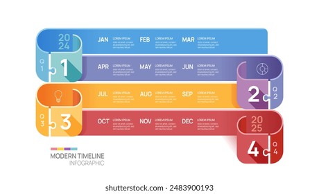 Plantilla infográfica de la línea de tiempo del paso del negocio. Calendario de elementos de hitos modernos y temas de 4 trimestres, infografías de Vectores.