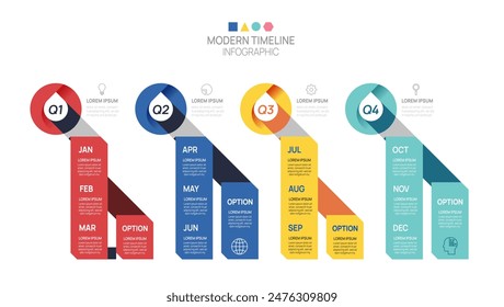 Plantilla de infografía de línea de tiempo de pasos de negocio. Calendario de elementos de hitos modernos y temas de 4 trimestres, infografías de Vectores.