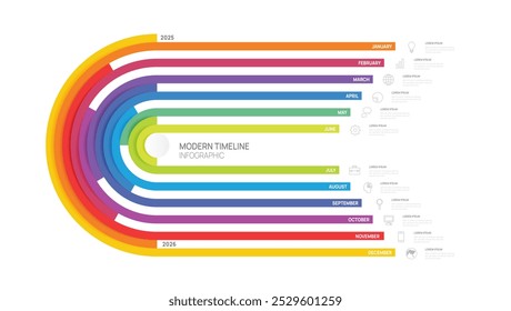 Plantilla de infografía de la línea de tiempo del paso del negocio. Calendario de diagrama de línea de tiempo de elementos de hito 2025, infografías de Vector.