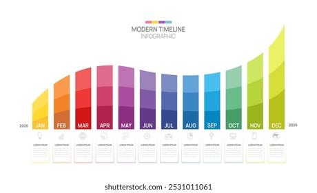 Plantilla de onda de infografía de la línea de tiempo del paso del negocio. Calendario de diagrama de línea de tiempo de elementos de hito 2025, infografías de Vector.