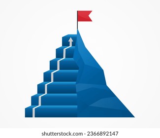 business step top mountain and flag. stair achievement target concept. mission climbing to success. vector illustration flat design.