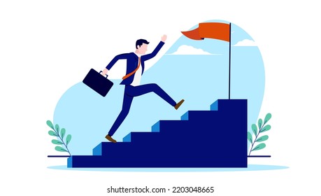 Business Steps And Career Goal - Man Running Up Stairs Fast, Trying To Reach Goal On Top. Success And Achievement Concept. Flat Design Vector Illustration With White Background