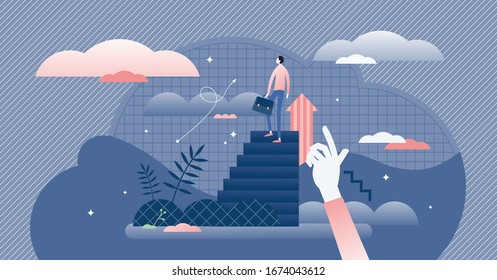 Business steps and career growth concept, flat tiny businessman person vector illustration. Work progress vision and reaching professional life top goals. Abstract upward innovation progress path.