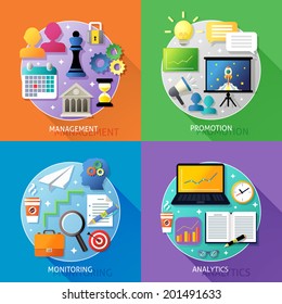 Business steps concept management promotion monitoring analytics icons set isolated vector illustration