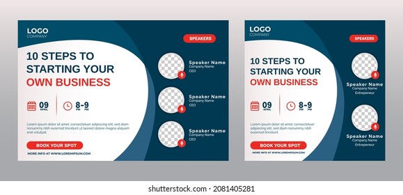 Business Steps Conference live webinar banner invitation and social media post template. Abstract Black background cover. Business webinar invitation design.