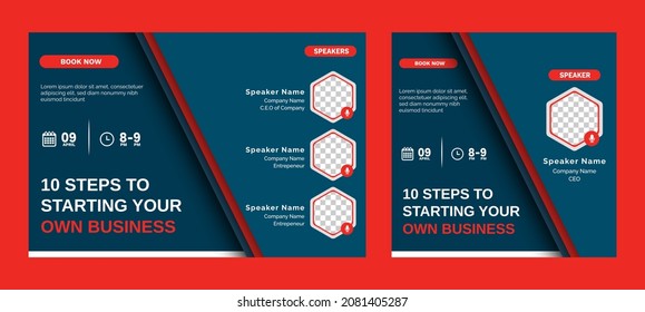 Business Steps Conference live webinar banner invitation and social media post template. Abstract Black background cover. Business webinar invitation design.