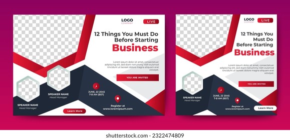 Business Steps Conference live webinar banner invitation and social media post template. Abstract Black background cover. Business webinar invitation design.