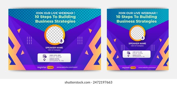 Business Steps Conference live webinar banner invitation and social media post template. Abstract Black background cover. Business webinar invitation design.