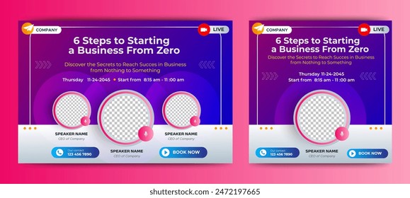 Business Steps Conference live webinar banner invitation and social media post template. Abstract Black background cover. Business webinar invitation design.