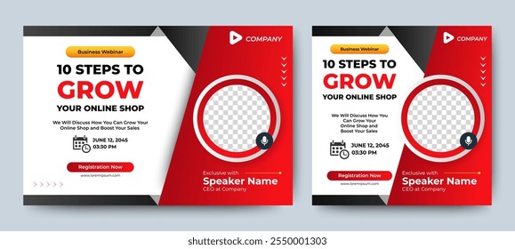 Business Steps Conference live webinar banner invitation and social media post template. Abstract Black background cover. Business webinar invitation design.