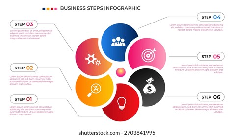 Plantilla de infografía de pasos de negocio. Conjunto de infografía de diagrama de flechas circulares. Flechas circulares con 2-5 pasos, opciones. Gráfico de proceso, diagrama de ciclo para presentación de negocios, informe, folleto. Vector