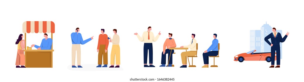 Business Step Strategie Development setzt Vektorillustration flach. Verschiedene unternehmerische Aktivitäten einzeln auf weißem Hintergrund. Selbstständigkeit, Führung, Betreuung, Erfolg