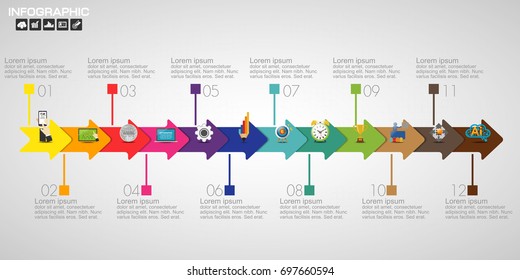 Business Steps Timeline Infographics Design Template With 3-12 Options, Process Diagram, Vector Eps10 Illustration. Use For Flow Chart Diagram Website.