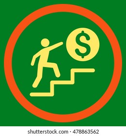 Business Steps vector bicolor rounded icon. Image style is a flat icon symbol inside a circle, orange and yellow colors, green background.