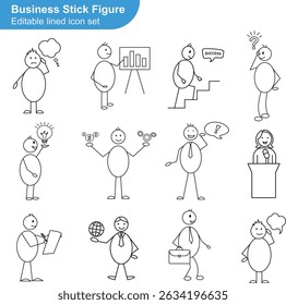 Business Stick Figure Icons Set. Hand Drawn, Doodle, Characters, Representing, Ideas, Planning, Success, Thinking, Motivation, Presentation, Innovation, Finance Strategy, Teamwork, Leadership