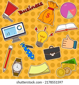 Business Stickers.  Computer. Graph. Money. Money bag. Profit. Pencil. Hand symbol.  Book. Book. Tie. Bag. Doodle vector illustration.