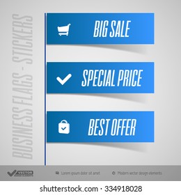 Business stickers as simple flags, banners, ribbons. Vector design elements.