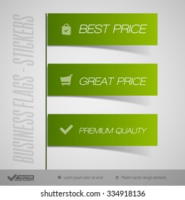 Business stickers as simple flags, banners, ribbons. Vector design elements.