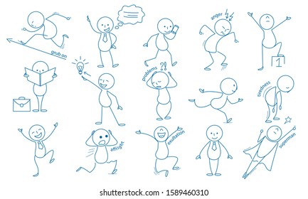 Business stickman. Hand drawn characters people figures expressions jumping running holding pointing vector business set