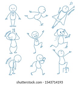 Business stickman. Hand drawn figures in different action poses running standing holding pointing sitting jumping vector business doodles. Illustration stickman cartoon drawing, figure character