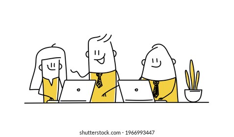 Business stickman meeting at a large conference table. Startup company. People work together. Vector illustration.