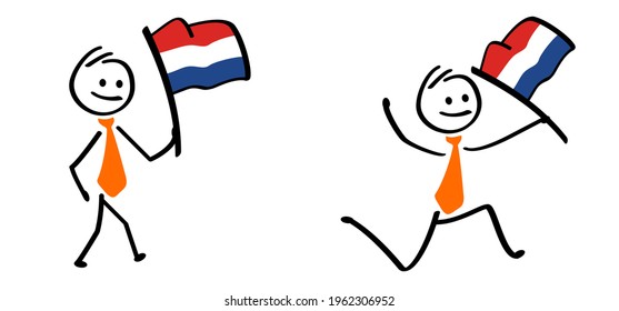 Business stickman waving withe the netherlands flag, traditional festival on april. Holland, King's Day or Queen's Day. Stick figures with orange necktie and clothing. Vector dutch party sign. Orange