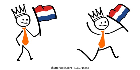 Business stickman waving withe the netherlands flag, traditional festival on april. Holland, King's Day or Queen's Day. Stick figures with orange necktie and clothing. Vector dutch party sign. Orange