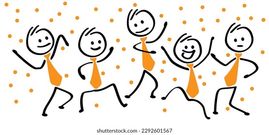 Business stickman waving withe the netherlands flag, traditional festival on april. Holland, King's Day or Queen's Day. Stick figures with orange necktie and clothing. Vector dutch party sign. Orange