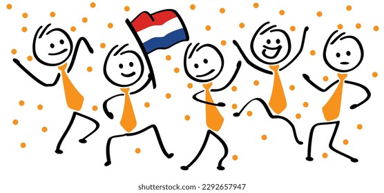 Business stickman waving withe the netherlands flag, traditional festival on april. Holland, King's Day or Queen's Day. Stick figures with orange necktie and clothing. Vector dutch party sign. Orange