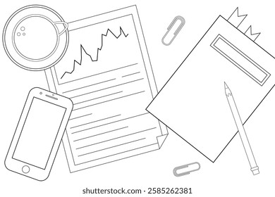 Business still life. Outlined contoured items on the work desk. Flat black and white office theme illustration. Table top view.