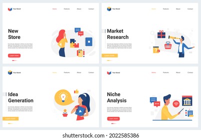 Business Stock Market Research, Digital Marketing Online Campaign Vector Illustration. Cartoon Modern Concept Landing Page Set For Creative Idea Generation, Opening Of New Store Project, Brand Product