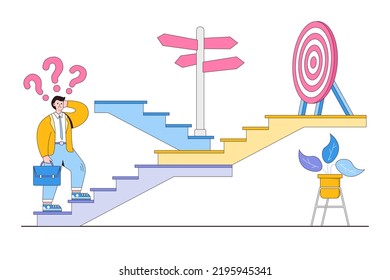 Business strategic direction, choose options to growth, decision to self development or career path concepts. Confused businessman thinking to make choice on stairs of success with multiple route.