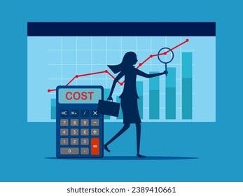 Business strategies in chart analysis. Businesswoman uses magnifying glass to analyze cost graph with calculator